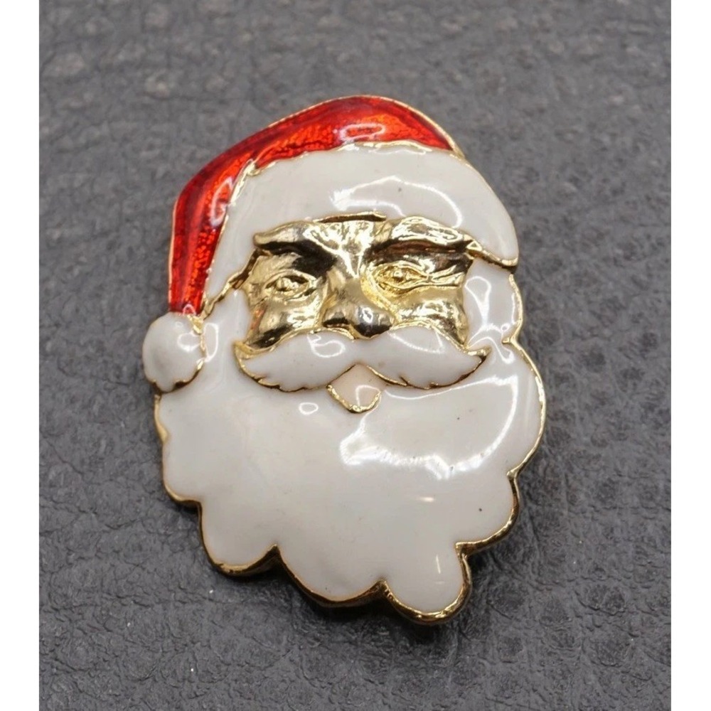 Santa Claus Christmas Brooch Pin Enamel White Red Gold Tone
